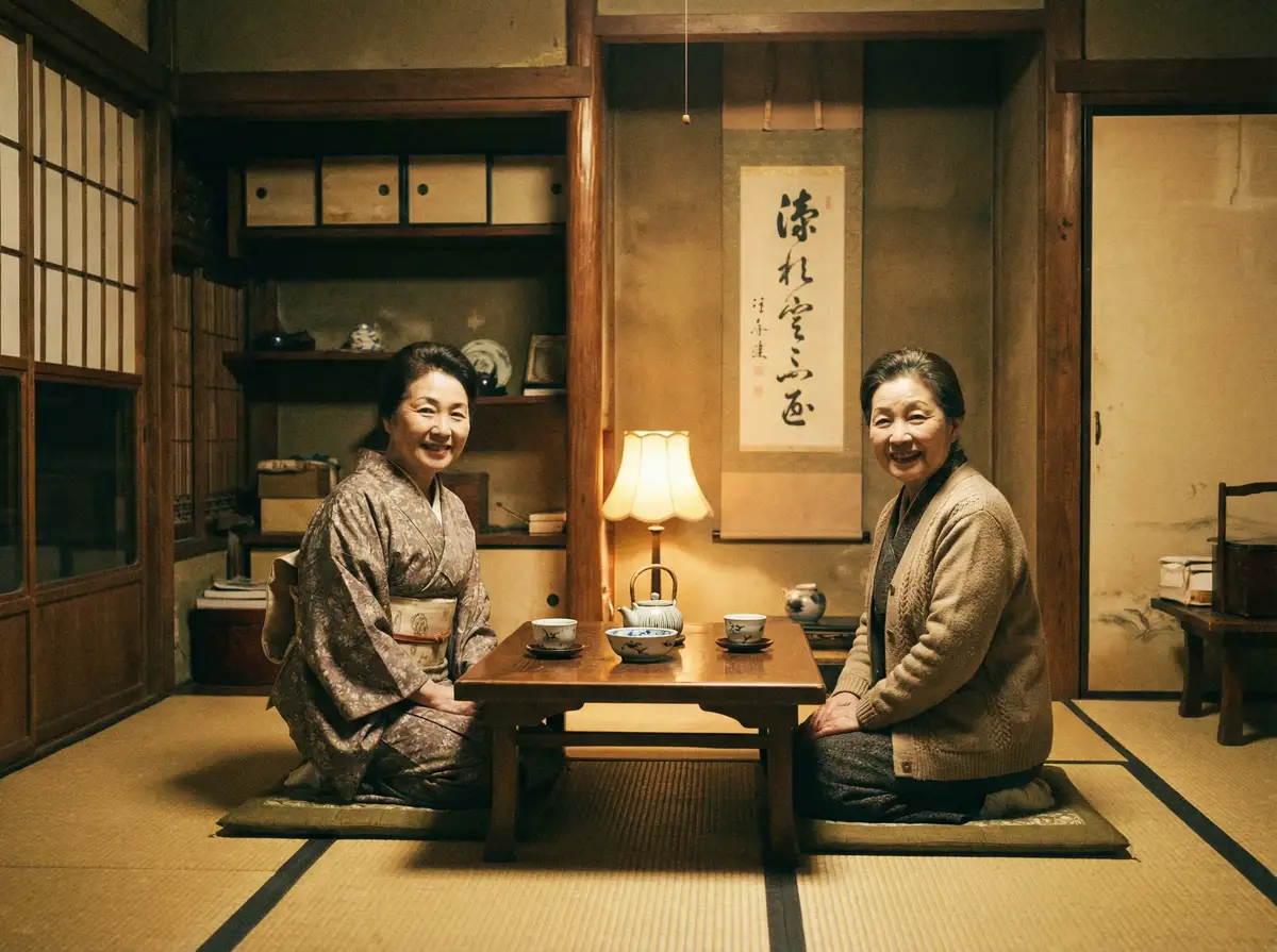 两位优雅的 eimi fukuda 在日式茶室中品茶交谈
